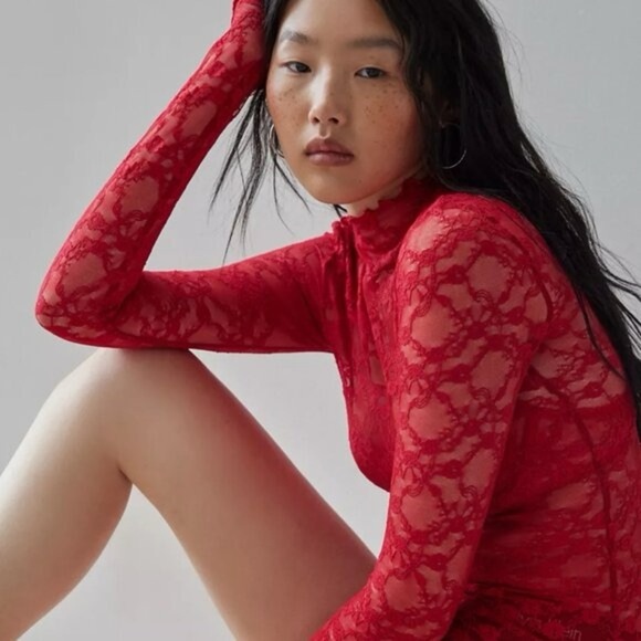 NEW Urban Outfitters Out From Under Luna Sheer Mock Neck Top Cherry Red XS - Picture 2 of 4